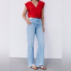 Zara Women Red V-neck Gathered Waist Short Sleeve Blouse XS